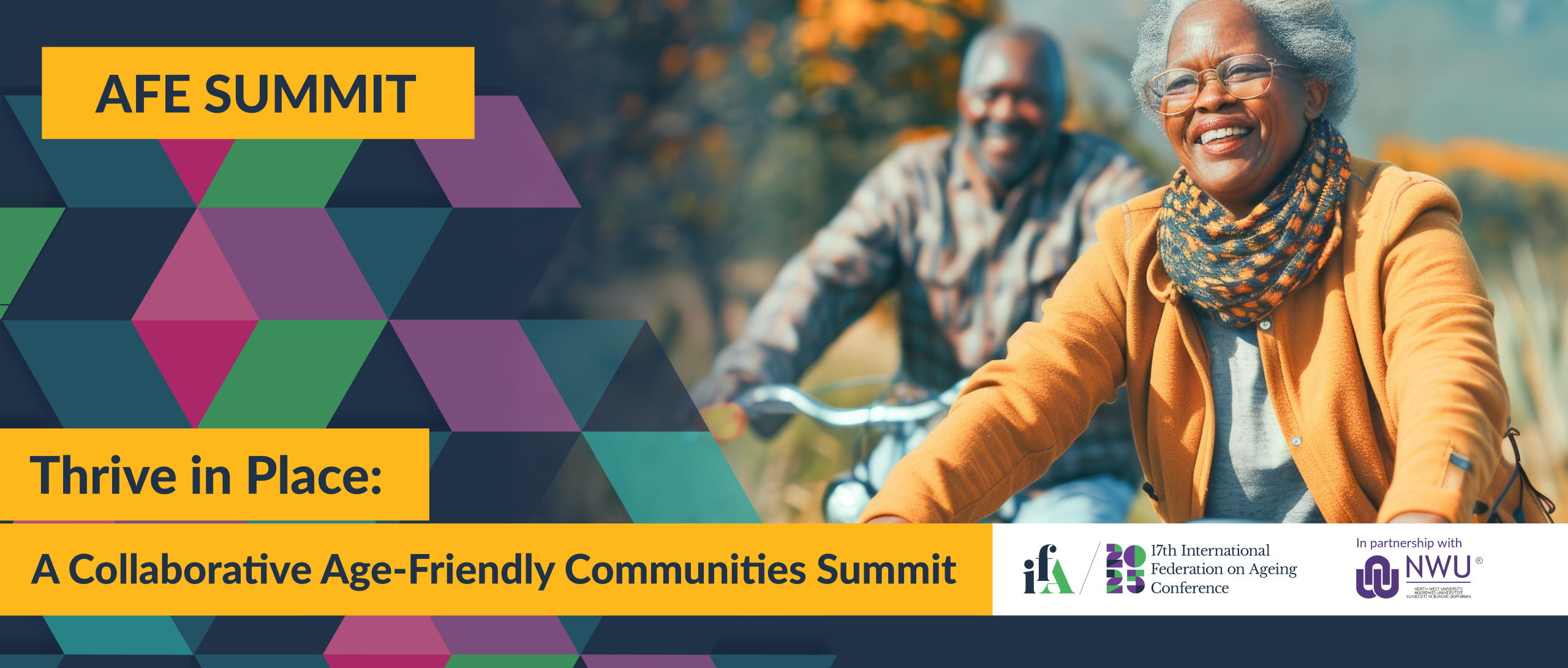 AFE Summit banner - Elderly man and woman riding a bike
