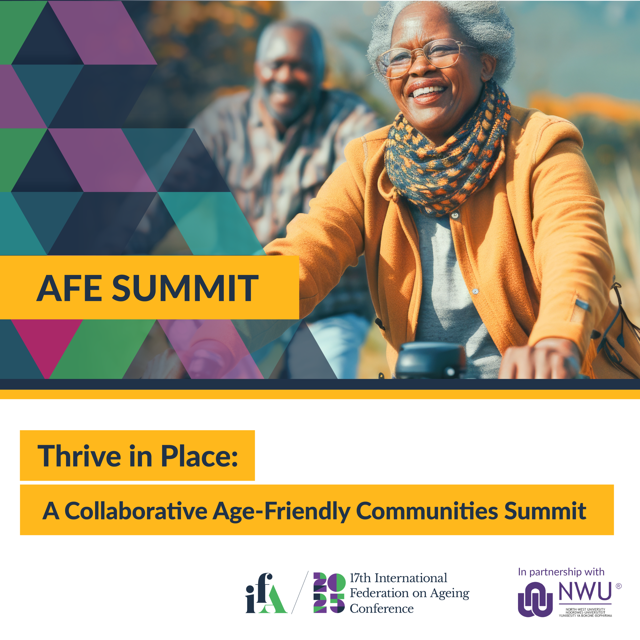 AFE Summit banner - Elderly man and woman riding a bike