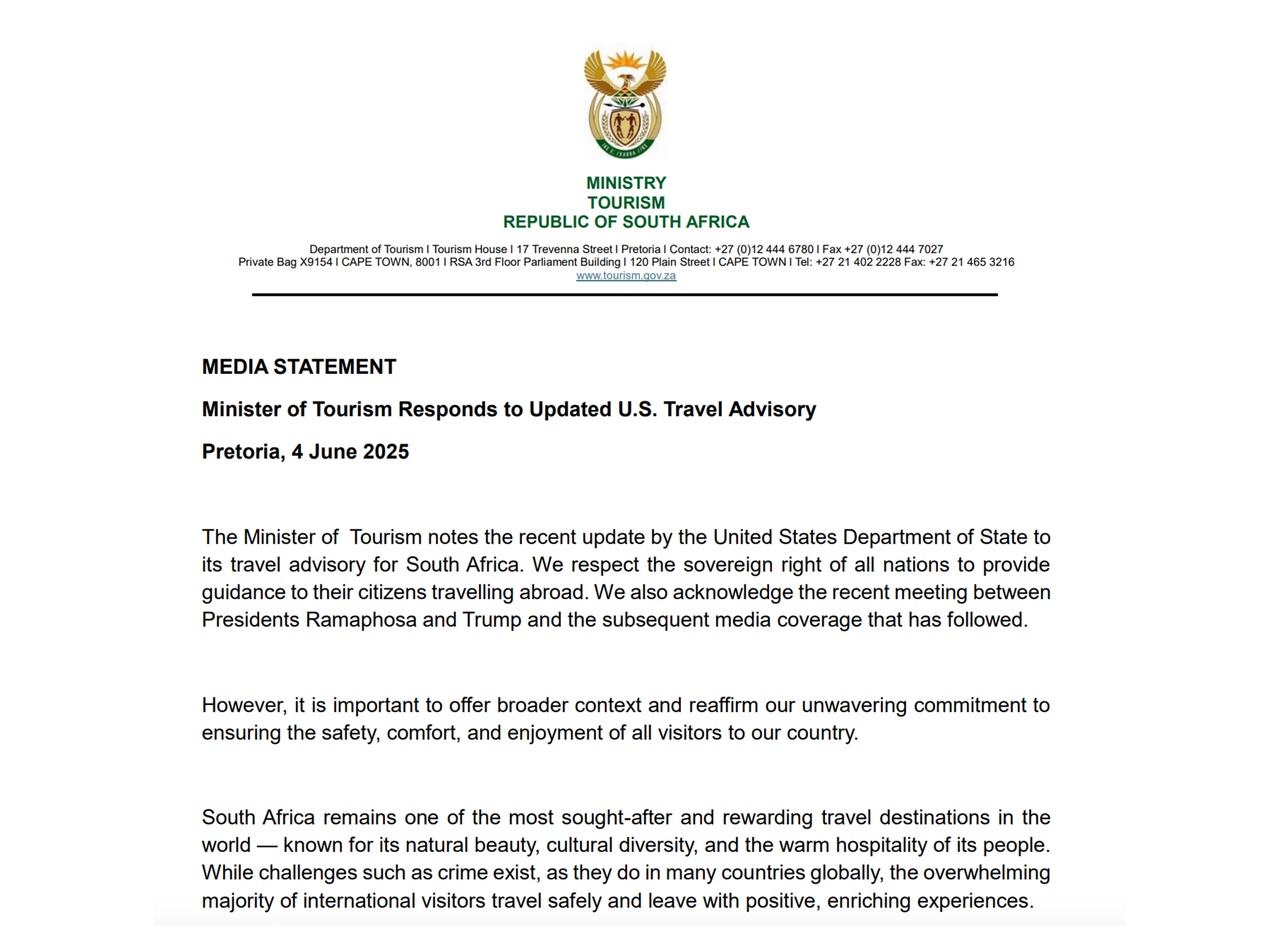 South Africa responds to U.S. travel advisory: Official statement from the Minister of Tourism
